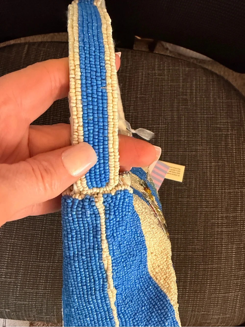 India Boutique Beaded Stripe Shoulder Bag in Blue & Cream with Cocktail Motifs